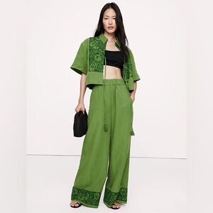 NWOT High-Rise Wide-Leg Embroidered Tencel Linen Pull-On Pants Sz XXSP